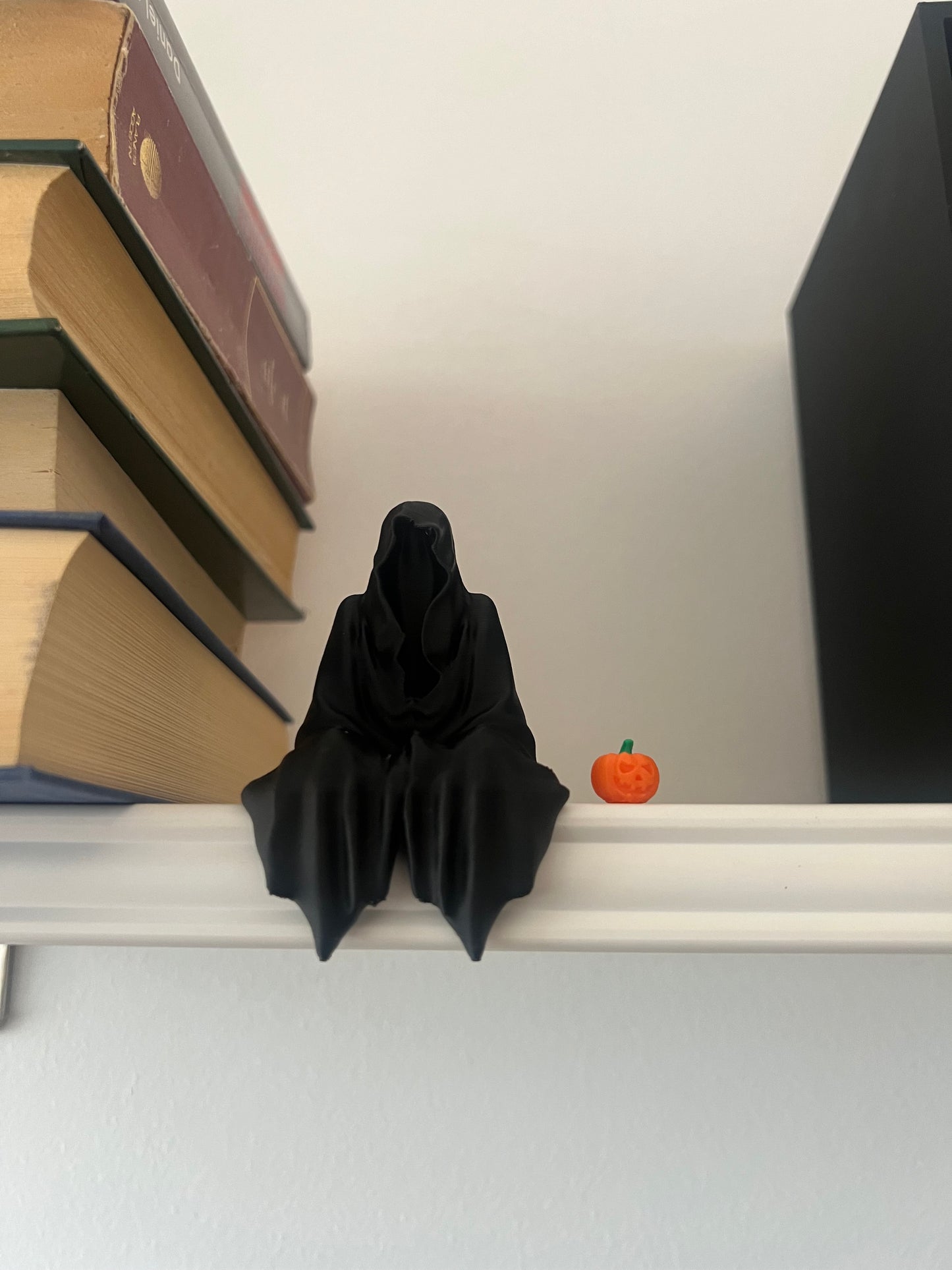 Grim Reaper Seated Figure with Tea Cup or Pumpkin for Bookshelf Decor Suriel