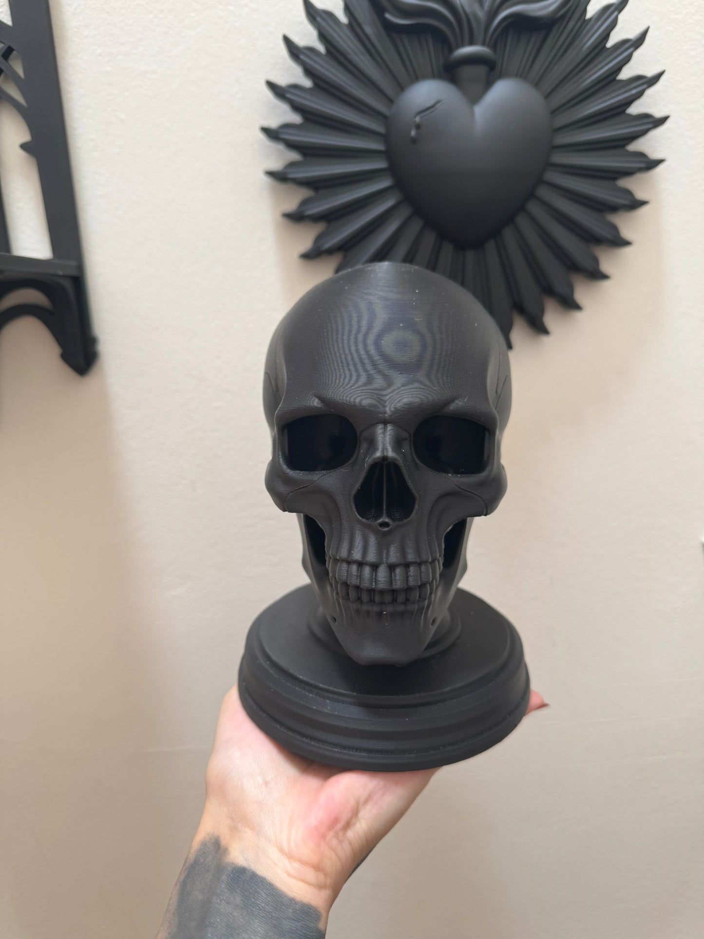 Anatomical Skull Sculpture – Gothic Human Skull Decor on Black Base for Dark Interiors and Curiosity Displays
