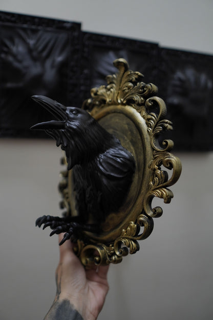 Gothic Raven Wall Sculpture with Gold Ornate Frame – Handmade Crow Taxidermy Style Dark Art for Witchy Home and Occult Decor