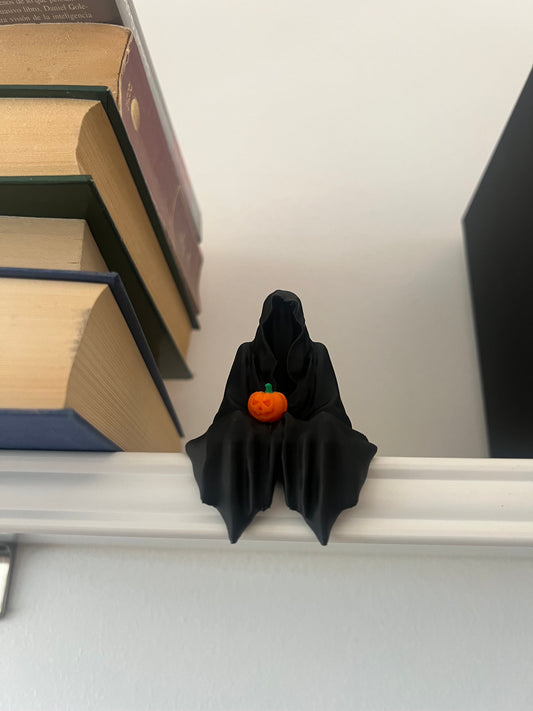 Grim Reaper Seated Figure with Tea Cup or Pumpkin for Bookshelf Decor