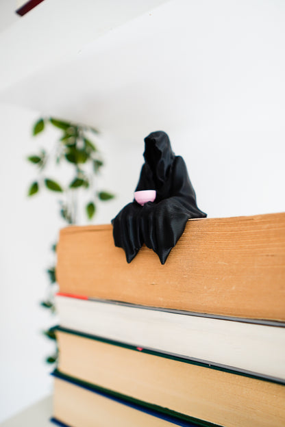 Grim Reaper Seated Figure with Tea Cup or Pumpkin for Bookshelf Decor Suriel