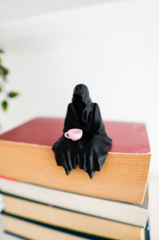 Grim Reaper Seated Figure with Tea Cup or Pumpkin for Bookshelf Decor Suriel