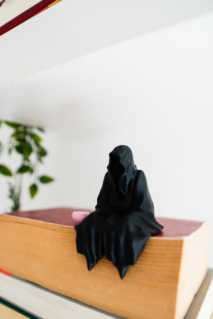 Grim Reaper Seated Figure with Tea Cup or Pumpkin for Bookshelf Decor Suriel