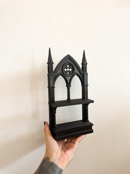 Gothic Cathedral Spire Shelf – Black Miniature Altar Display Shelf for Gothic Home, Witchy Decor and Oddities