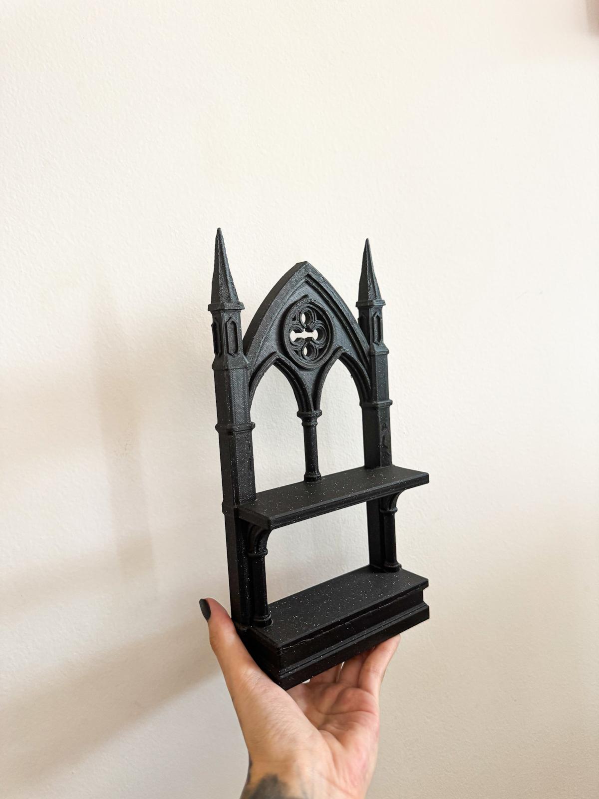 Gothic Cathedral Spire Shelf – Black Miniature Altar Display Shelf for Gothic Home, Witchy Decor and Oddities
