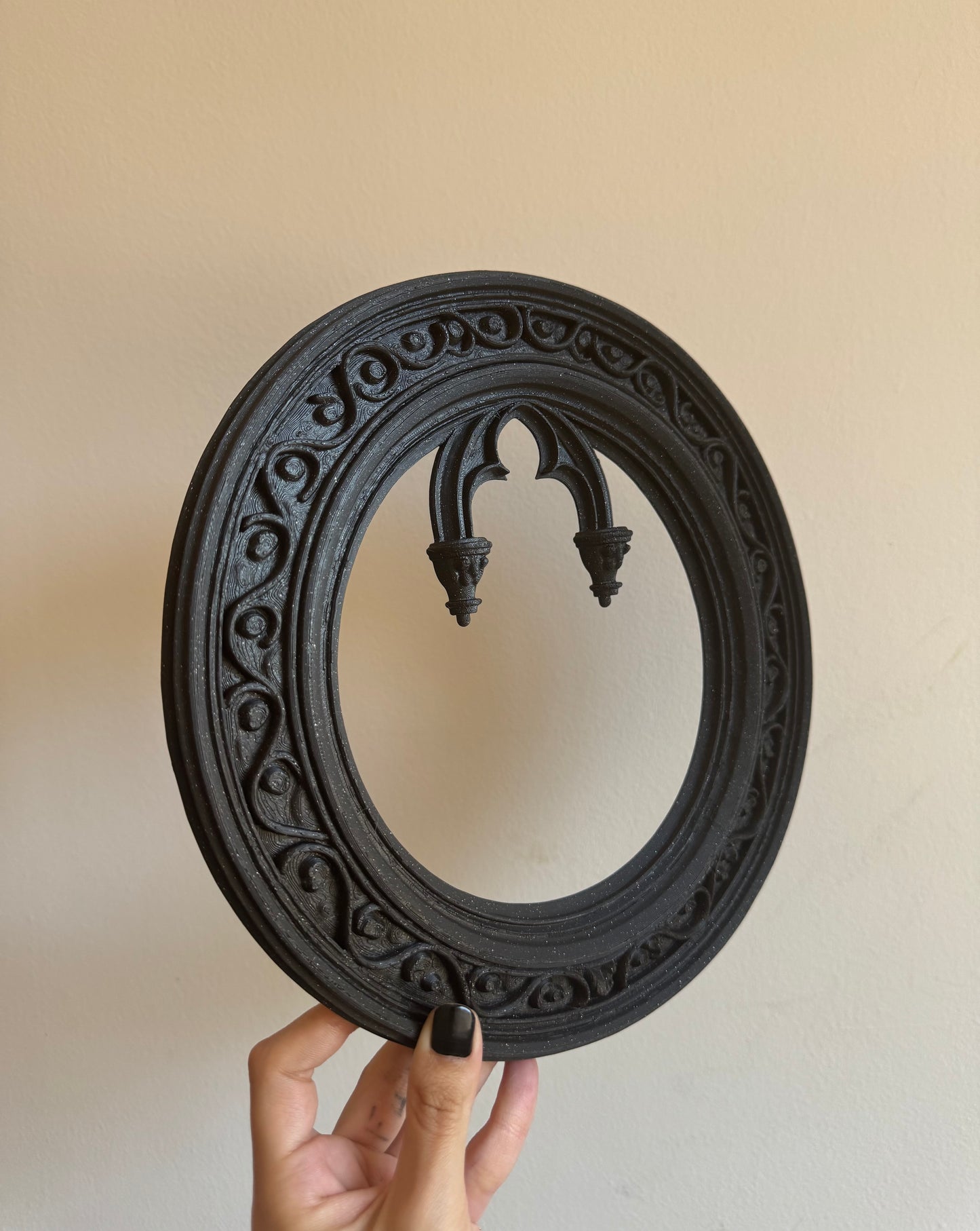 Black Oval Gothic Frame with Arch Window Accent – Baroque Style Wall Decor for Dark Interiors and Witchy Spaces