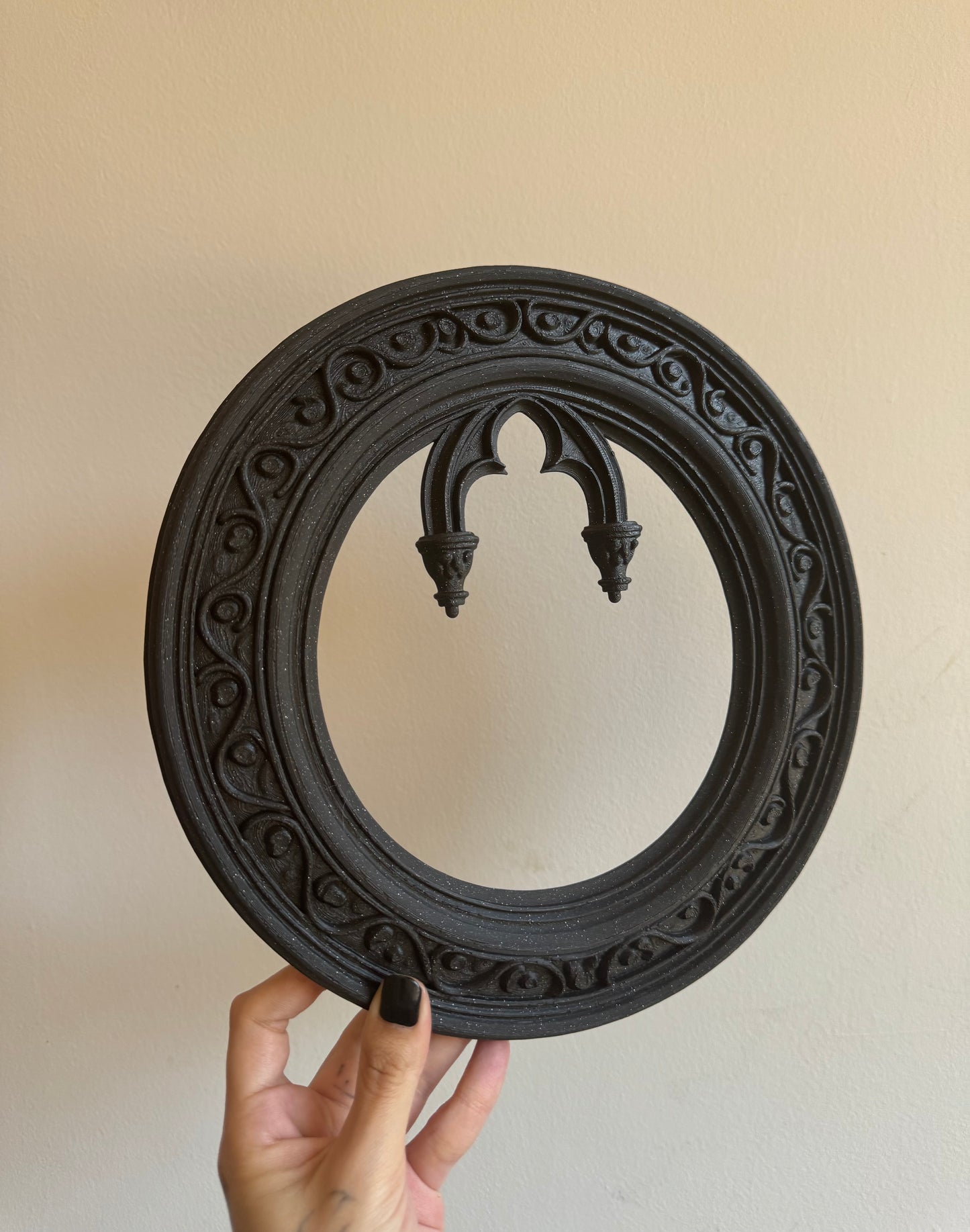 Black Oval Gothic Frame with Arch Window Accent – Baroque Style Wall Decor for Dark Interiors and Witchy Spaces